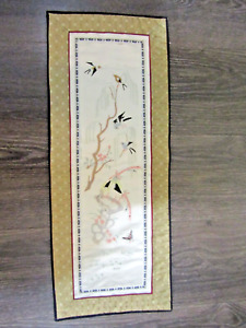 Vintage Chinese Silk Embroidery Textile Tapestry Wall Panel Birds Weeping Willow