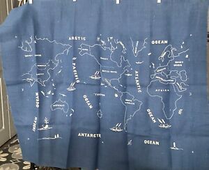 Vtg World Map 1960 S Printed On Blue Burlap 38 X 45 