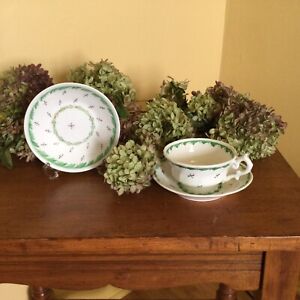 Antique Soft Paste Porcelain Sprig Ware 1 Tea Cup 2 Saucers Handpainted
