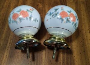 Set Of 2 Floral 3 Round Ball Porcelain Ceramic Bed Post Toppers Finials