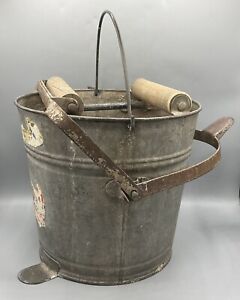 Vintage Galvanized Metal Steel Wringer Mop Bucket Pail Foot Pedal Wood Roller