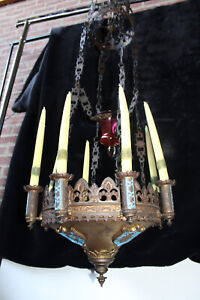 Antique 19thc Church Sanctuary Enamel Candle Chandelier Lamp Neo Gothic Rare