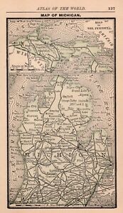 Miniature Antique Michigan State Map 1888 Collectible Tiny Map Of Michigan 790