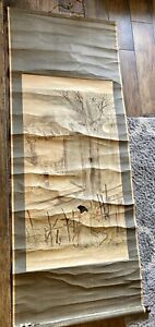 19th Century Japanese Hanging Scroll Painting Two Men Watercolor Ink