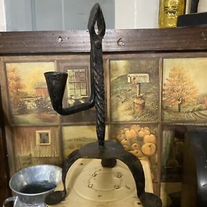Antique Rare 18th Century Rushlight With Candleholder With Twisted Shaft