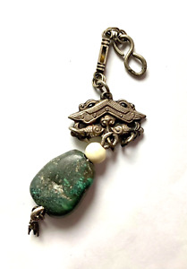 Antique Qing Chinese Silver Chatelaine Pendant Fish Amulet Large Turquoise Bead