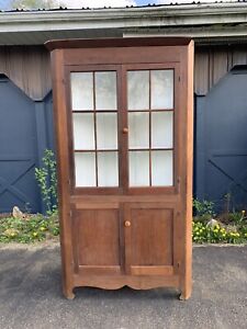 Antique Corner Cupboard Primitive Storage Cabinet Square Nails Glass Doors Wood