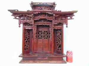 19th C Chinese Table Top Carved Wood Buddha 4 Door Shrine 24 X 26 X 14 Bo