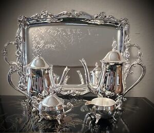 International Silver Co 5 Piece Silver Plate Coffee And Tea Set W Serving Tray