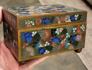 Antique Chinese Cloisonne Blue Enamel Box With Hinged Lid 4 5 X 3 25 Footed