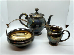 Vintage Wmfm Silver Plate Tea Service With Tea Pot Creamer And Open Sugar E157