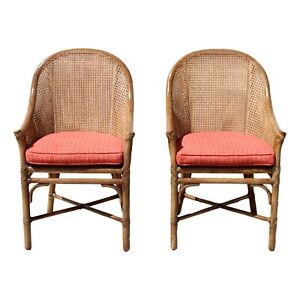 Two Authentic Mcguire Barrel High Back Cane Wrap Arm Chairs Organic Modern Mcm