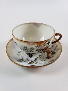 Antique Japanese Kutani Cup And Saucer 19th Century Meiji Hand Painted