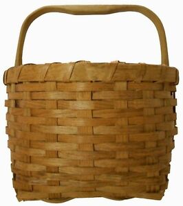 Late 19th C American Primitive Antique Splint Blk Ash Wvn Basket W Crvd Handle