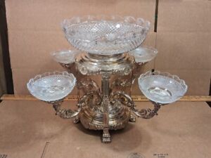 Antique Sheffield Epergne Cut Glass Silver Plate Centrepiece