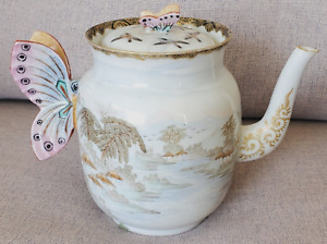 Kutani Japanese Signed Antique Meiji Pot Butterfly Handle Teapot Nippon Painted