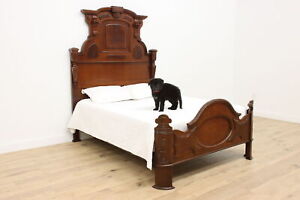 Victorian Queen Size Antique Carved Walnut Burl Bed 42707