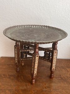 Antique Moorish Brass Tray Table On Inlaid Folding Stand