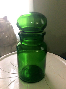 Rare Vintage Belgium Green Glass Apothecary Jar Mcm Bubble Top Canister Emerald