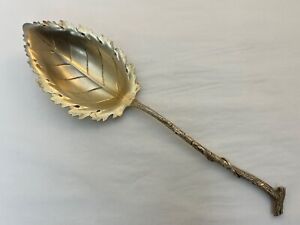 German 800 Silver Large Leaf Shaped Serving Spoon Wth Branch Handle Gilt