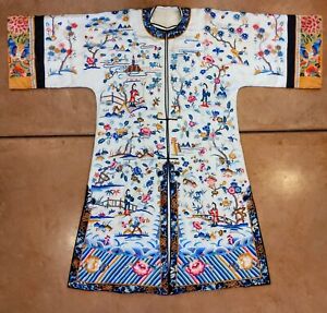 Old Chinese Silk Embroidered Dress Robe Festive Textile People Water Mtn Flower