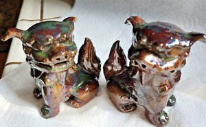 2 Ceramic Foo Dogs Brown With Green Tint