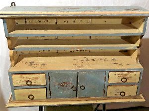Primitive Folk Art Hanging Farmhouse Style Painted Cabinet Cupboard With Drawers