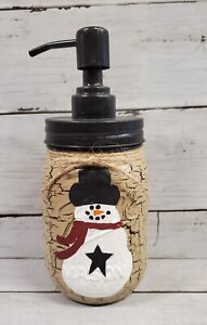 Christmas Winter Tan Black Crackle Painted Snowman Mason Jar Soap Dispenser