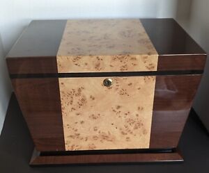 Art Deco Style Burl Wood And Mahogany Cigar Box Humidor With Spanish Cedar 