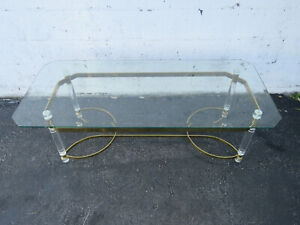 Hollywood Regency Lucite And Brass Finish With Glass Top Coffee Table 9664
