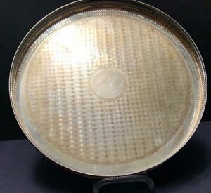 Round Tray R D English Silver On Copper Gallery Deco Checkerboard Antique 11 5 