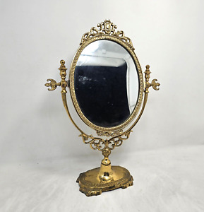 Vintage 15 Brass Bronze Victorian French Style Table Top Stand Vanity Mirror