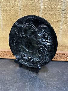 Beautiful Circa 1900 Spinach Jade Carved Chinese Plate Republic Period Signed