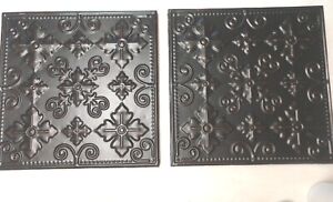 Pair Of Aged Bronze Finished Embossed Tin Ceiling Tiles 14 X 14 Wall Decor