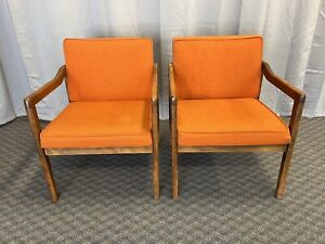 Vintage Arm Chair Pair Mid Century Modern Wood Office Upholstered Dining Set 70s