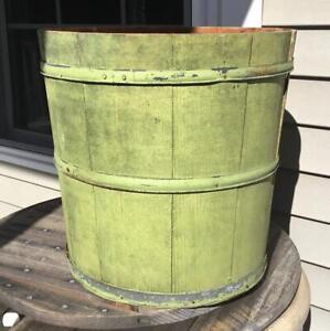 Large Antique New England Old Green Apple Wooden Stave Pail Bucket 15 Thompson