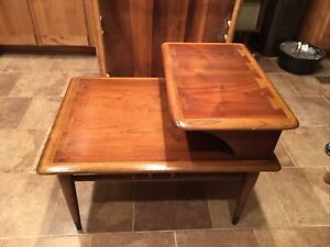 Vintage Walnut Lane Mid Century Modern Dovetailed Inlaid 2 Tier Side End Table