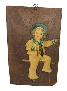 Antique Pyrography Wooden Picture Sailor Boy On Swing