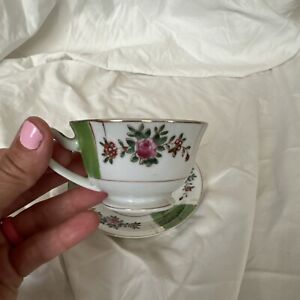 Japanese Vintage Tea Cup With Green And Gold Floral Design