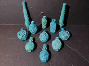 9 Chinese Carved Turquoise Snuff Bottles And A Pair Of Carved Parasol Handles