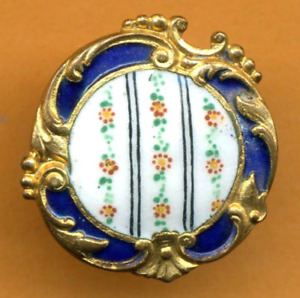 Rococo Antique Enamel Button With Rows Of Tiny Flowers Irregular Border 15 16