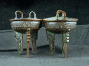 2 Pcs Chinese Bronze Hand Made 3legs Incense Burners 