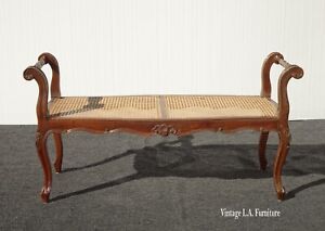 Italian Vintage French Country Brown Cane Bench With Rolled Arms Asis