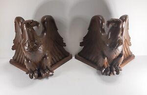 Antique Art Deco Style German Black Forest Carved Pair Of Eagle Finials