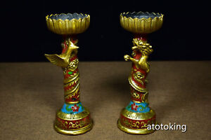 China Antique Pure Copper Brass Cloisonne Dragon And Phoenix Candle Table A Pair