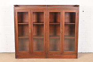 Stickley Style Arts And Crafts Solid Mahogany Double Bookcase Circa 1920s