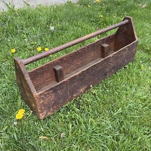 32 Inch Vintage Wood Tote Caddy Garden Tool Tray W Handle Primitive Patina Old
