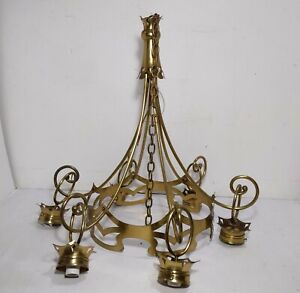 Vintage Brutalist Gothic Brass Crown Chandelier Light Empire Medieval Art Deco