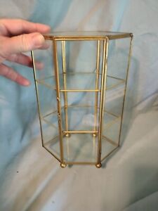 Vintage 10 Tall Brass And Glass 3 Shelf Hexagonal Display Case Curio
