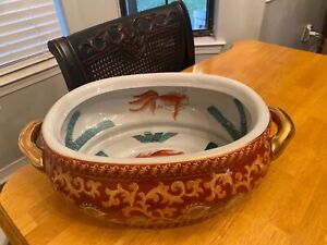 Vintage Large Chinese Export Porcelain Koi Fish Bowl Foot Bath 17 